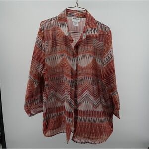 BonWorth Womens Red Geometric‎ Zig Zag Roll Tab Sleeve Button Up Blouse Small